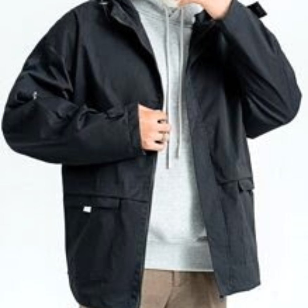 Letter Graphic Drawstring Hooded Jacket / Black / XL